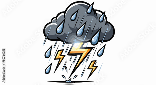 A cartoon illustration depicts a stormy gray cloud raining heavily with lightning