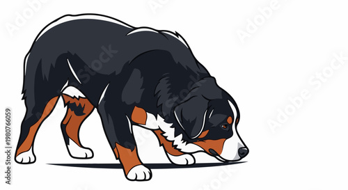 A cartoon illustration of a black, brown, and white dog sniffing the ground