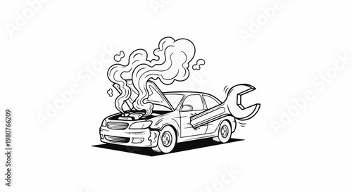 A broken down car emitting smoke with a wrench as part of its structure