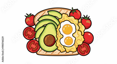 A cartoon illustration of avocado toast with two fried eggs and tomatoes