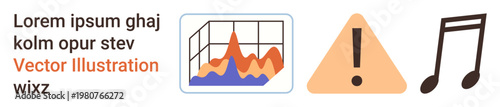 Data visualization, user interfaces, music industry, warning systems, infographic design, communication tools. Graph and bar chart, alert icon music note symbol and sample text. Data visualization