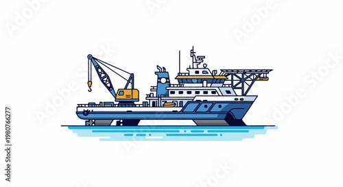 A blue and white vessel with a crane and helideck floats on blue water