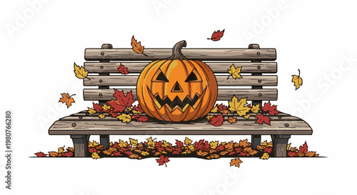 A carved pumpkin sits on a wooden bench with autumn leaves falling around it