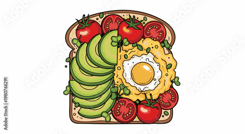 A cartoon-style avocado toast with a fried egg and cherry tomatoes
