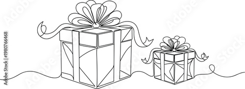 Black and white line vector illustration of two gift boxes with elaborate ribbon bows, minimalist continuous line festive artwork design