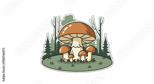 A cartoon illustration of mushrooms and trees in a forest clearing