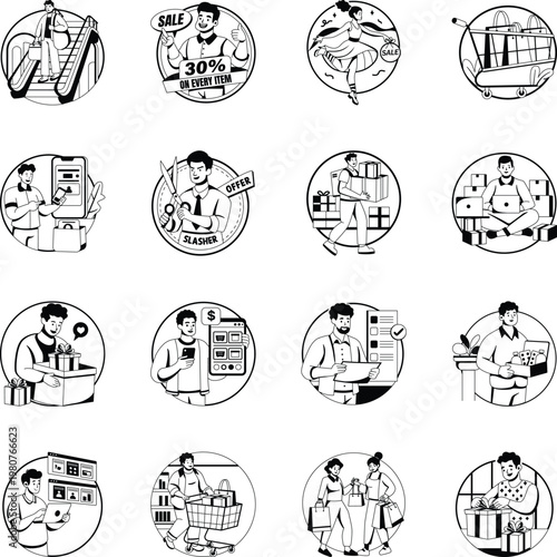 Set of Glyph Style Black Friday Shopping Illustrations 
