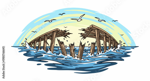 A broken wooden pier stands in the ocean waves under a bright sky