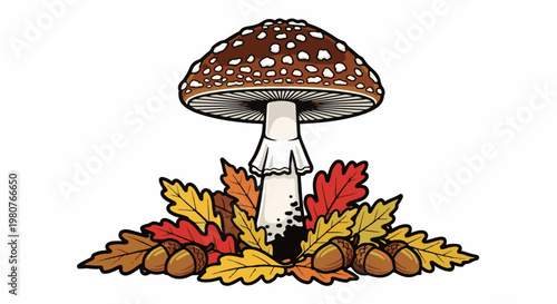 A brown and white speckled mushroom surrounded by colorful autumn oak leaves and acorns