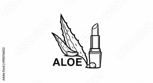 A black and white illustration shows aloe vera and a lipstick