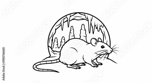 A cartoon mouse peeks out from behind a rounded rock formation with icicle-like protrusions