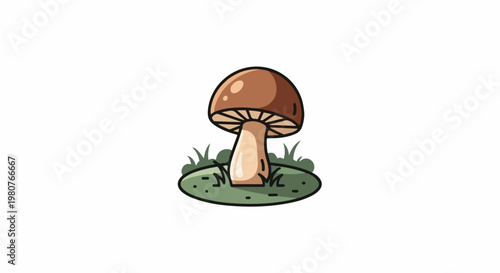A cartoon mushroom with a brown cap and cream stem stands on green grass