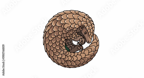 A cartoon pangolin curled into a ball with a white background