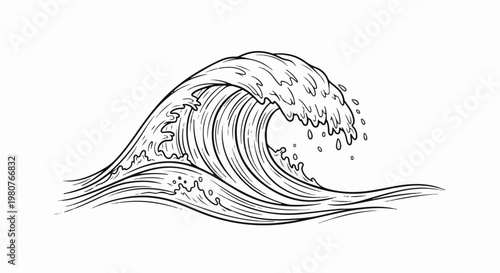 A black and white line drawing depicts a large, cresting ocean wave with foam and spray