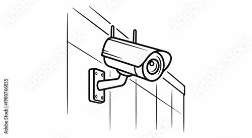 A black and white line drawing depicts a security camera mounted on a wall