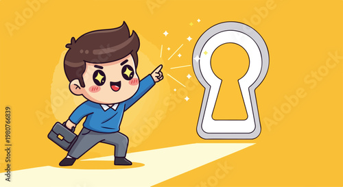 Cute cartoon boy character pointing towards a large keyhole symbol on a bright yellow background
