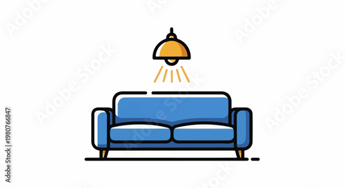 A blue couch sits under a yellow hanging lamp with light rays