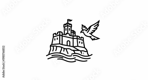 A castle on a cliff overlooking waves with a bird flying nearby