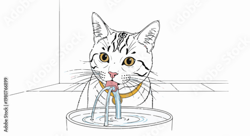 A cat drinks from a fountain, its pink tongue lapping water