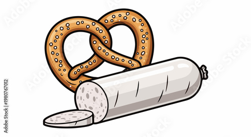 A cartoon pretzel and sausage slice with sliced sausage