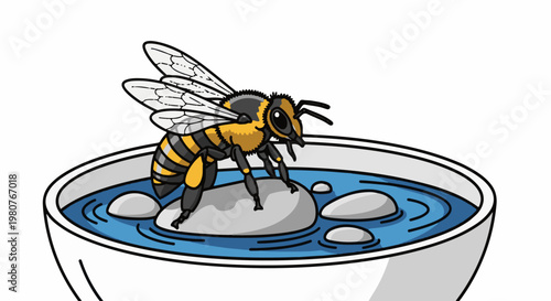 A bee stands on a rock in a bowl of blue water with a white rim