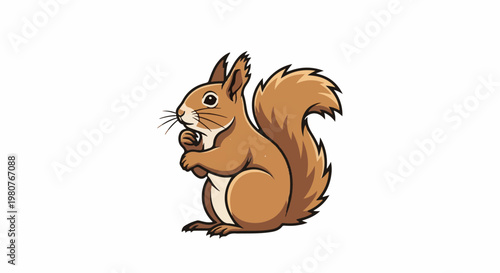A cartoon red squirrel sits on a white background, holding a nut