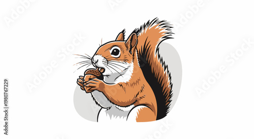 A cartoon red squirrel with a bushy tail is eating an acorn