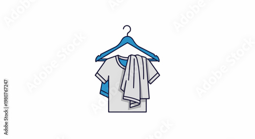 A blue hanger holds a grey t-shirt with a white towel draped over it