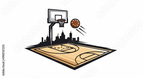 A basketball soars towards a hoop on an outdoor court with city skyline