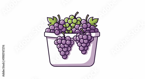 A basket overflows with bunches of purple and green grapes, each with a leaf