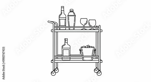 A bar cart with bottles, a shaker, glasses, and an ice bucket