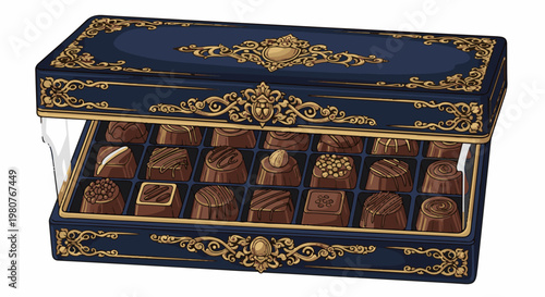 A blue, ornate box filled with assorted chocolates, some drizzled and topped