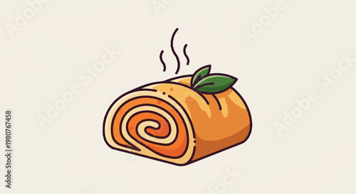 A baked pastry roll with orange filling and green leaves