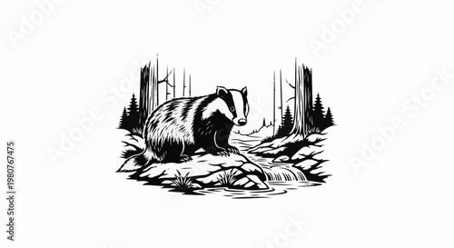 A badger pauses by a small waterfall in a forest setting