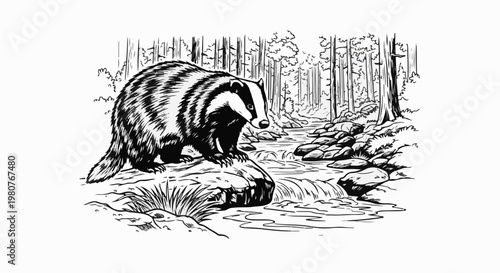 A badger stands on a rock by a forest stream