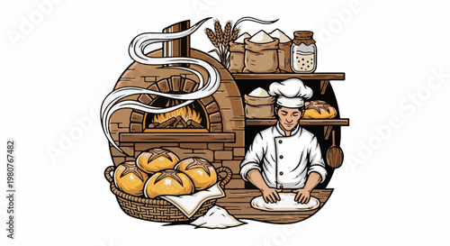 A baker kneads dough next to a brick oven filled with fire and baked goods