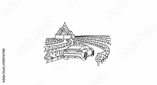 A car drives through a vineyard toward a unique building with conical roofs