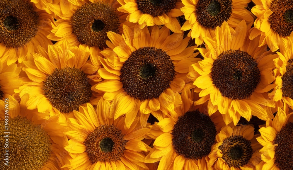 Fototapeta premium A vibrant cluster of blooming sunflowers with bright yellow petals and dark brown centers densely packed together.