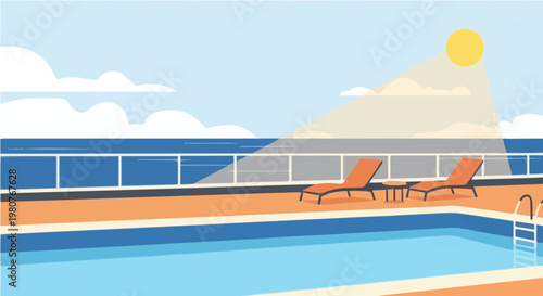 Ship deck swimming pool area with lounge chairs and mountain view