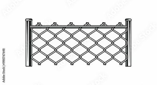 A black and white outline drawing of a chain-link fence