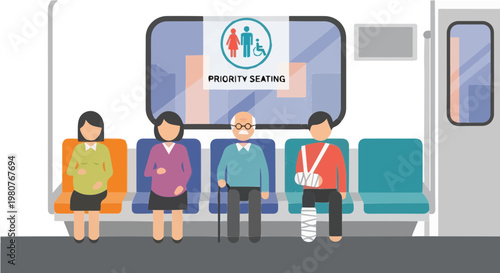 Passengers sitting in designated priority seating inside transit vehicle