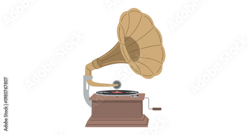 Side view of brown vintage gramophone with large horn and turntable illustration