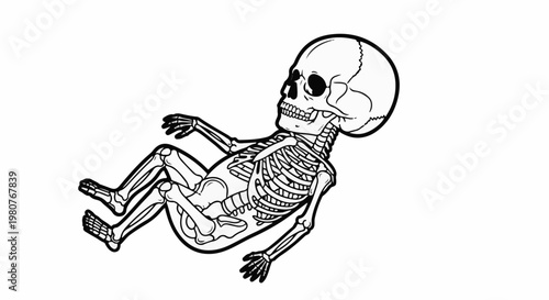 A black and white illustration of a fetal skeleton lying on its side
