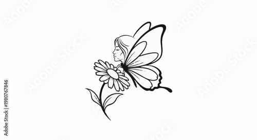 A black and white illustration of a fairy with butterfly wings beside a daisy