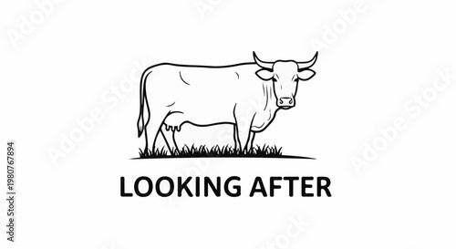 A black and white line drawing of a cow standing in grass with text below