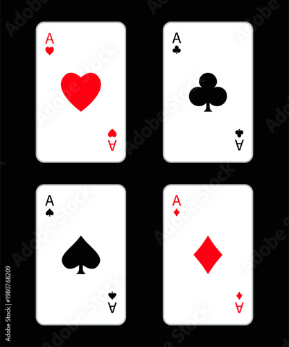 Four aces icon. Playing card set. Poker cards suits. Hearts, clubs, diamonds, spades ace line. Winning poker hand. Las Vegas Casino gambling concept. Flat design. Isolated. Black background. Vector