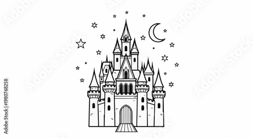 A black and white line drawing of a fairytale castle under a starry night sky