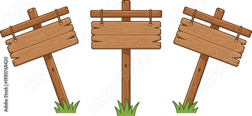 Foto Vector illustration of rustic wooden signposts with blank boards and grass base