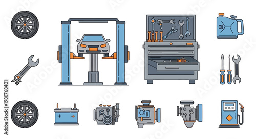Car repair tools and equipment set.