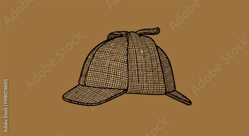 A brown tweed deerstalker hat with a tied band and a brim